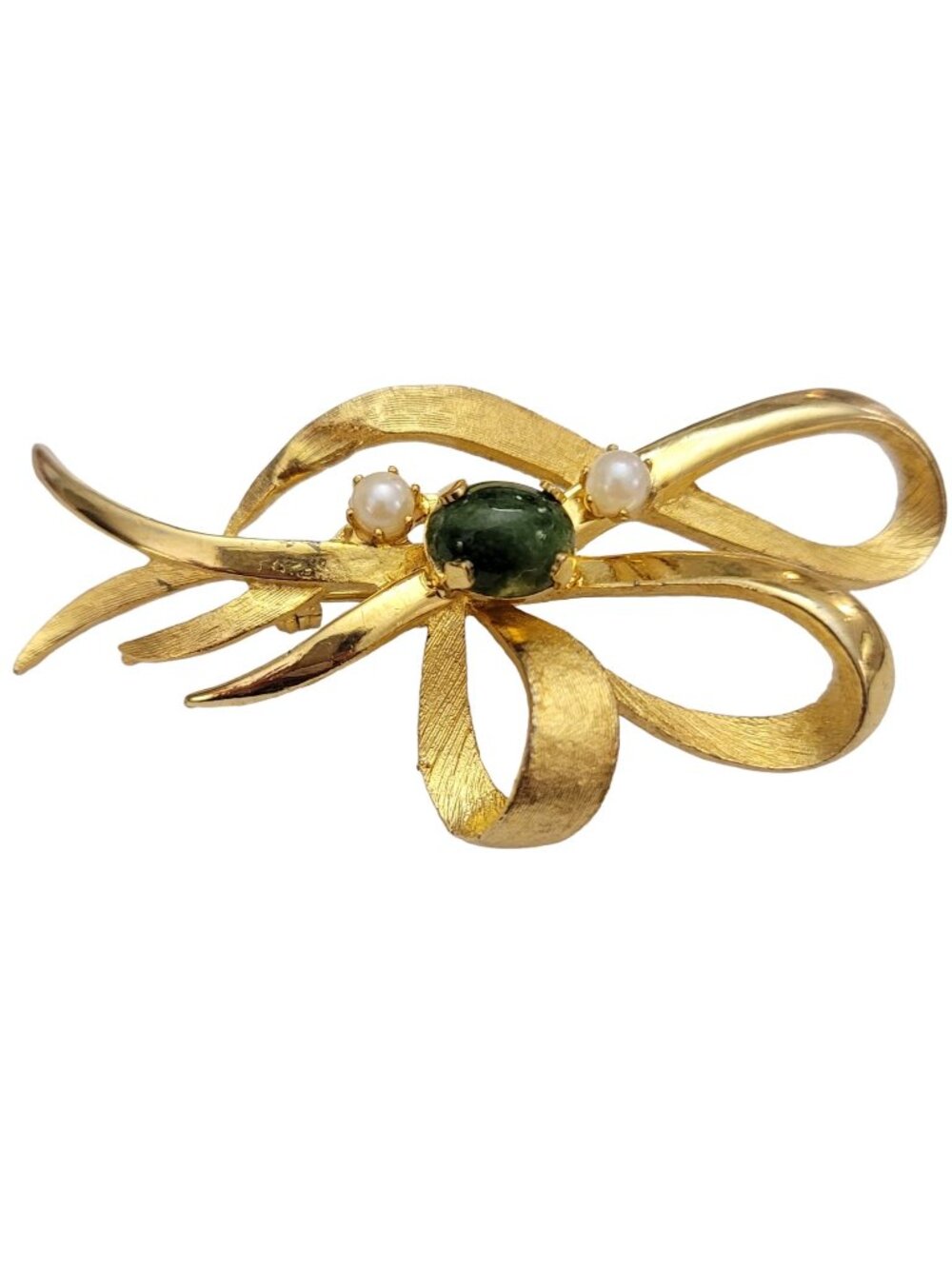 Gold Tone Jade Pearl Bow Ribbon Brooch, Designer Style M840